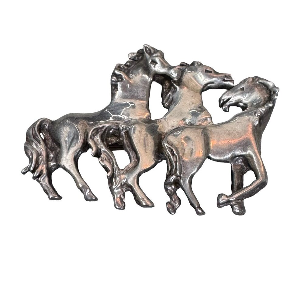 Vintage Taxco Sterling Silver Mexico Three Horse Brooch Pin 925 Running Design